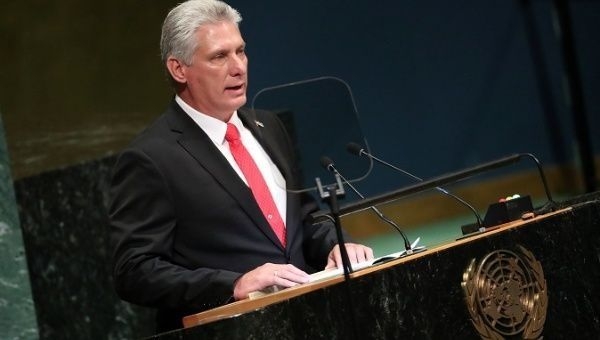 Cuba's President Miguel Diaz-Canel speaks at the Nelson Mandela Peace Summit during the 73rd U.N. General Assembly in New York, U.S., Sept. 24, 2018